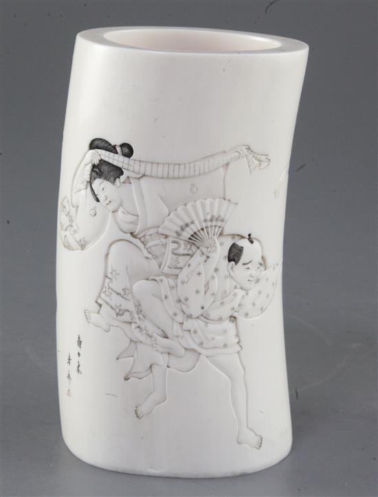 A Japanese ivory tusk vase, Meiji period, height 15.5cm, lacking base